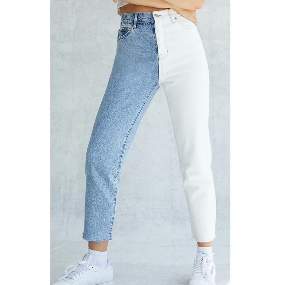PacSun Two Tone High Rise Straight Leg Jeans Size 25 Raw Hem Contrast Denim